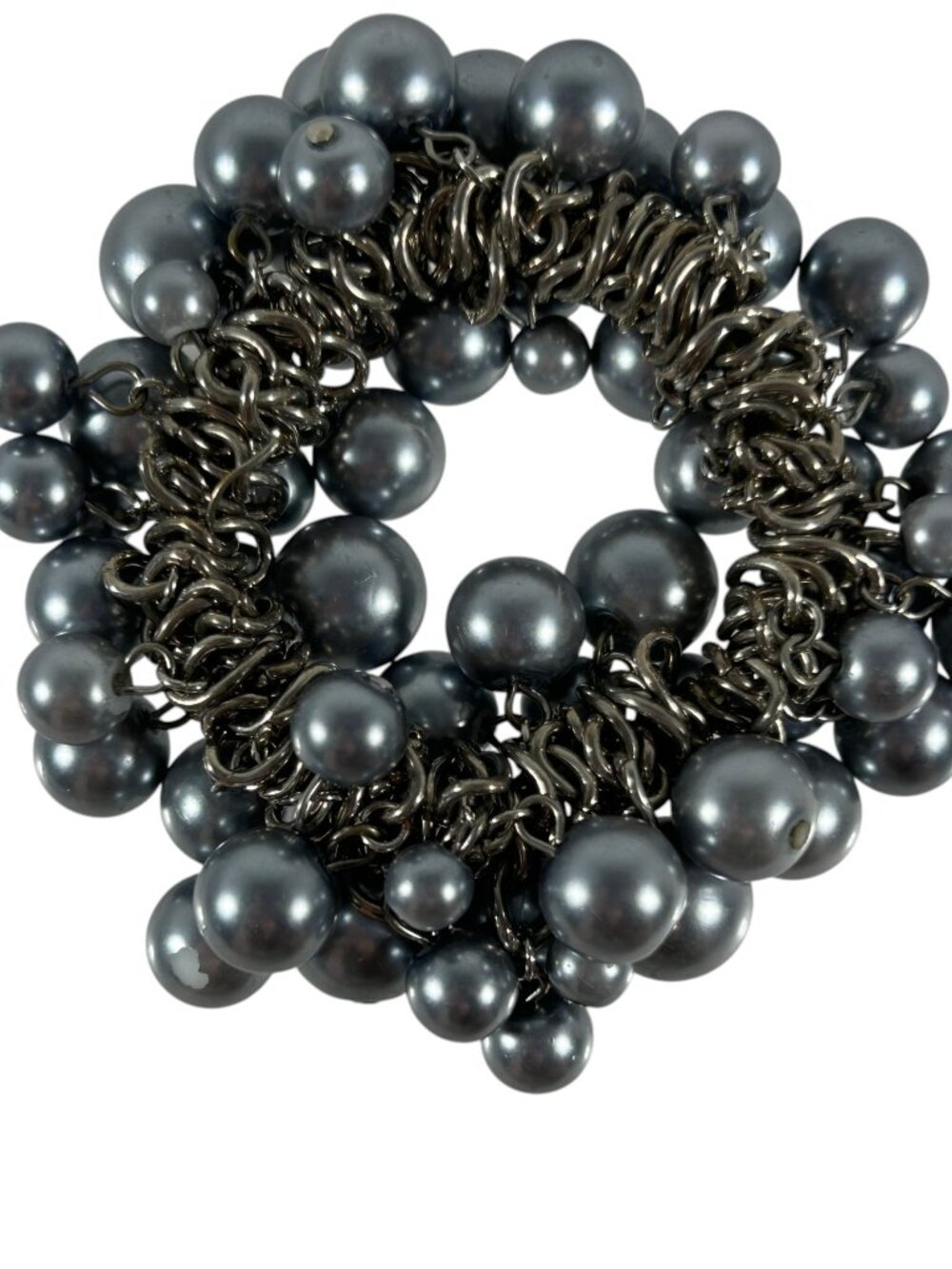 Chunky Gray Faux Pearl Cluster Cha Cha Stretch Bracelet Silver Tone Statement